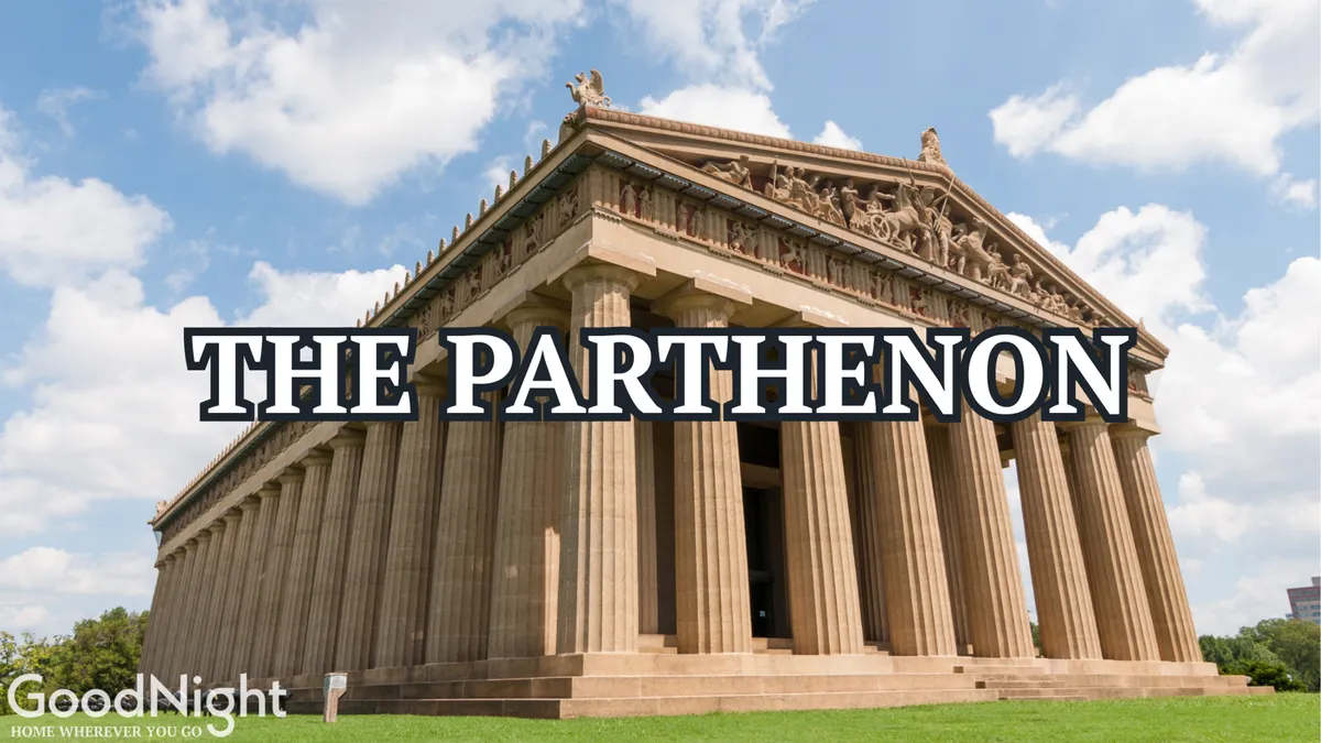 The image presents the impressive facade of the Parthenon replica in Centennial Park, with its ornate columns and statues crowning the roof. The architectural details and grandeur invite exploration and outdoor family adventures.